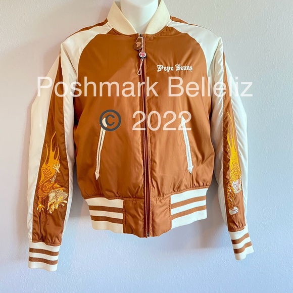 ‘90s Vintage Pepe Jeans Tiger Dragon Embroidered Bomber Jacket Copper Golden Tan - Picture 3 of 12